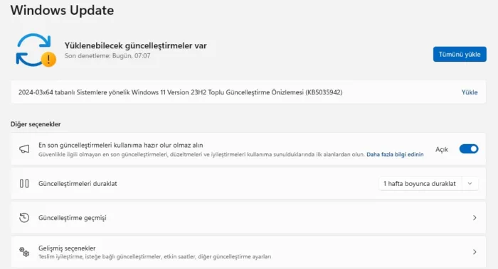 Güncelleme ekranı